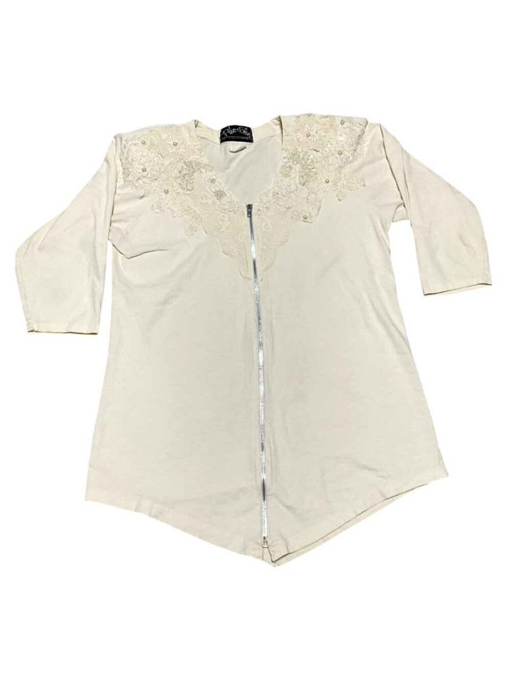 Vtg Phun Shirts Of California Ivory Tunic Sz XL Pearl & Lace Accents USA Made